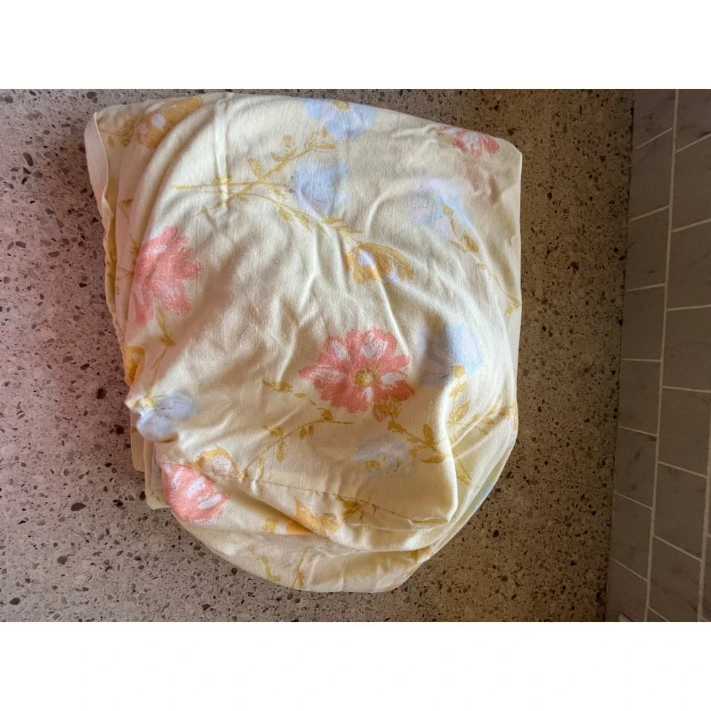 Vintage Dan River Full Floral Fitted Sheet Yellow Pink Blue Muslin USA Made